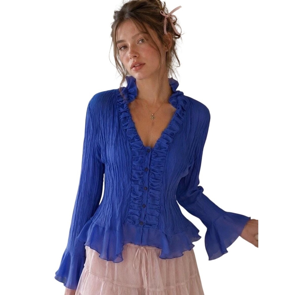 Vtg Y2K NWT Allison Taylor Blue Ruffle Blouse Top  Victorian Coquette Romantic M
